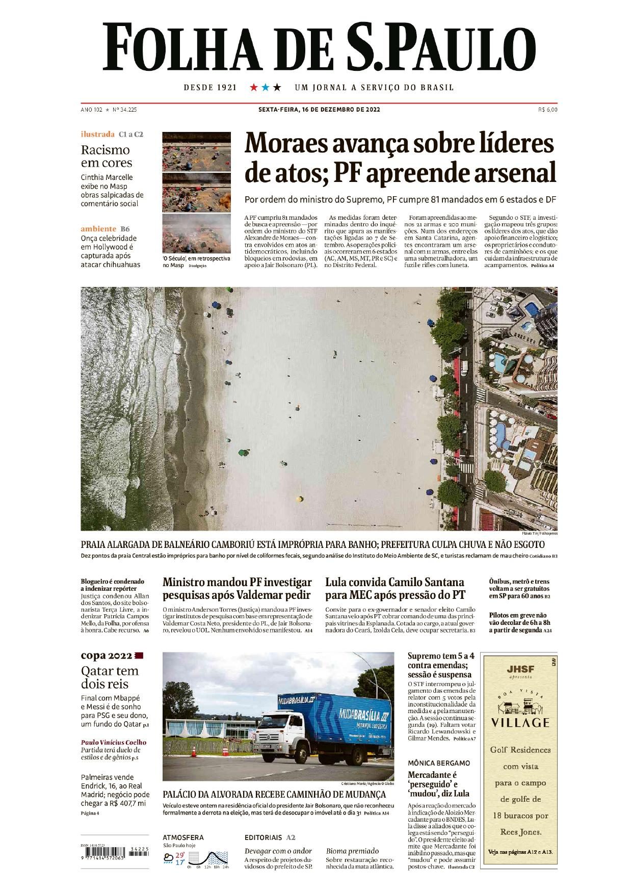 <b>Folha de S.Paulo</b>, ano 102, nº 34.225 — 16 de dezembro de 2022. Fotografia de capa: Flávio Tin/Folhapress.